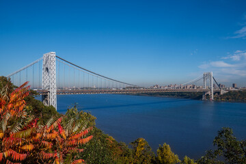 A distance view of George Washington Bridge in the Fort Lee Historic park in Autumn