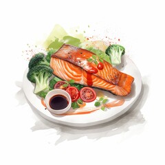 AI generated illustration of an appetizing plate of salmon accompanied by broccoli and tomatoes