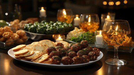 Fototapeta na wymiar Banquet Table Snacks Food On Plates Bright ,Bright Background, Background Hd