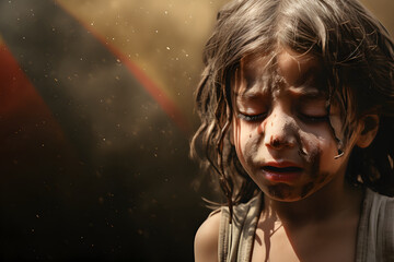 a child crying with dust on the face and clothes, a war background, a distracted city, and fire in the background generative ai concept - obrazy, fototapety, plakaty