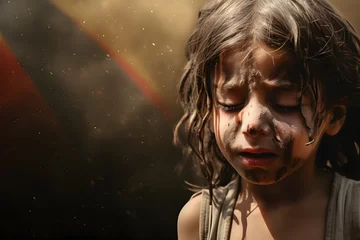 Fotobehang a child crying with dust on the face and clothes, a war background, a distracted city, and fire in the background generative ai concept © Fahad
