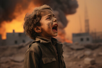a child crying with dust on the face and clothes, a war background, a distracted city, and fire in the background generative ai concept