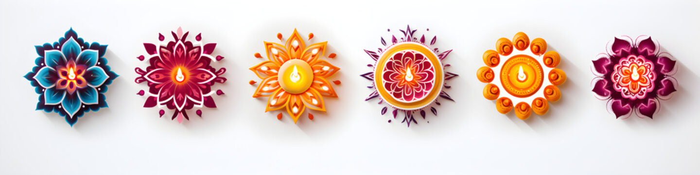 Rangoli clipart collection for Diwali, isolated icons on white background,