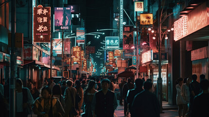 Fototapeta na wymiar AI-generated illustration of a vibrant urban scene featuring a bustling Asian street at night.