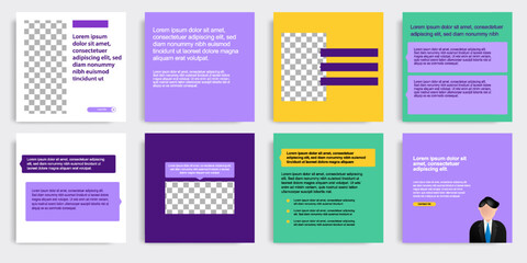 Minimal modern style of social media post banner layout template pack in purple, green combination background color with simple text box elements