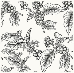 Pattern seamless of coffee tree ink drawing sketch for poster, fabric, cover, label packaging, name card, post card, brochure. Coffee pattern