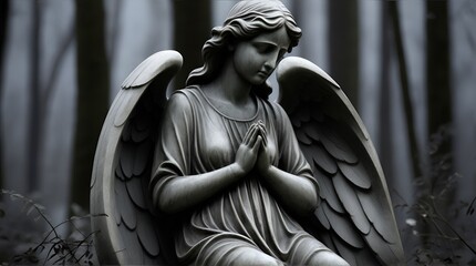  Image with background and place for caption and fragment of tragic sad angel statue at the cemetery. Funeral ceremony. - obrazy, fototapety, plakaty