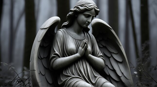  Image with background and place for caption and fragment of tragic sad angel statue at the cemetery. Funeral ceremony.