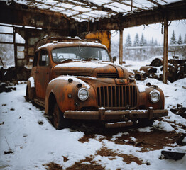 old abandoned car in the snow