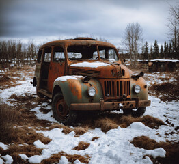 1940's abandoned car in the snow
