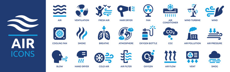 Air icon set. Containing ventilation, air conditioner, fan, wind, blow, oxygen, breathe, CO2, pollution and more. Vector solid icons collection.