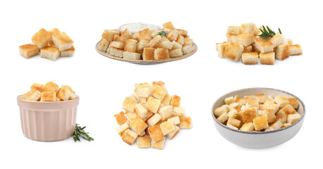 Delicious crispy croutons isolated on white, set