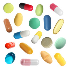 Many pills in different forms and colors isolated on white, collection
