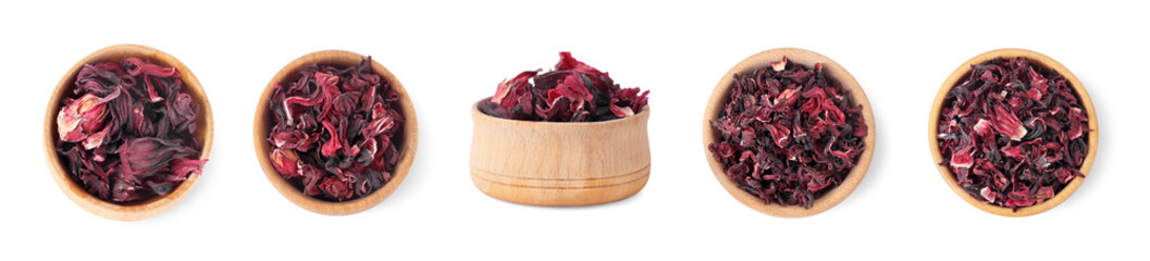 Dry hibiscus tea in bowls isolated on white, set
