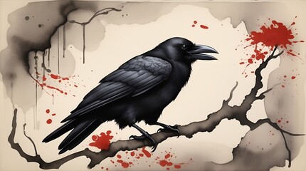 watercolor  a crow emerging from the depths of a Japanese inkblot