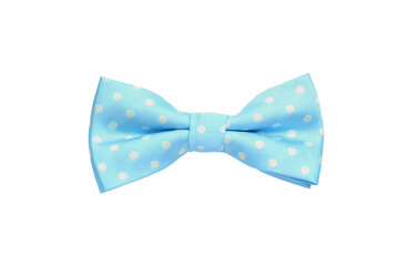 Stylish light blue bow tie with polka dot pattern isolated on white