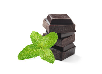 Pieces of dark chocolate and mint leaves isolated on white