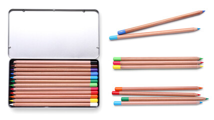 Fototapeta premium Colorful pastel pencils isolated on white, collection. Drawing supplies