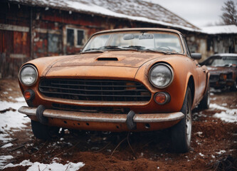 vintage sports car in the snow