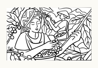 coffee tree of ink drawing sketch for poster, fabric, cover, label packaging, name card, post card, brochure. Coffee pattern