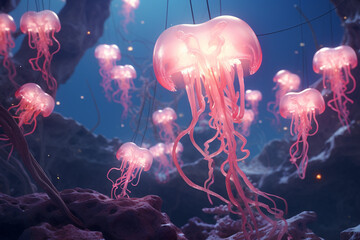 Surreal Underwater World | Glowing Jellyfish, 3D Render, Capturing the Magic of Love | Jelly fish in the deep sea