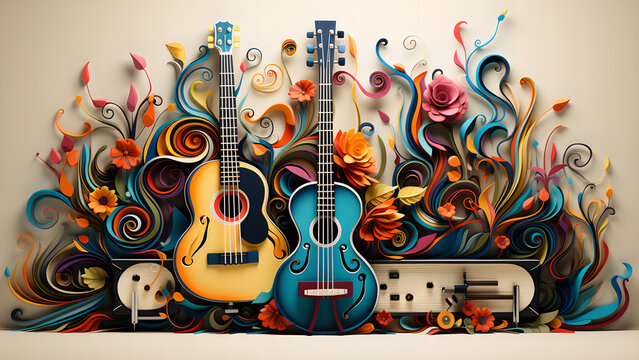 "Image of musical instruments, concert, people playing music."