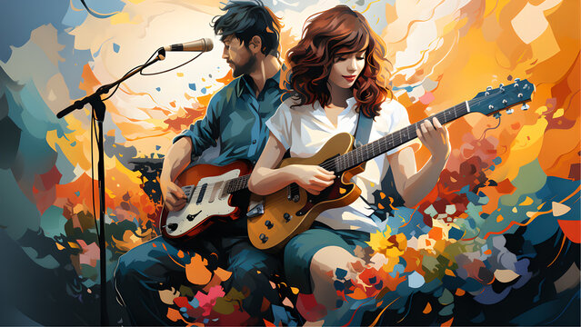 "Image of musical instruments, concert, people playing music."