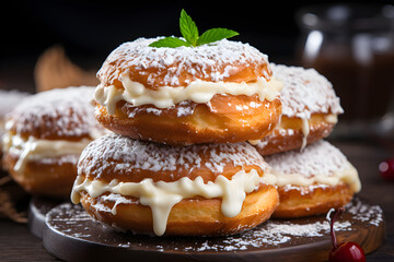 Obraz na płótnie Canvas Donuts with cream are the symbol of the Jewish culinary holiday Hanukkah,