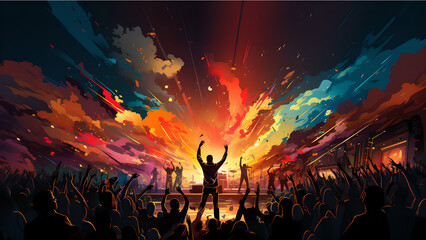 "Image of musical instruments, concert, people playing music."