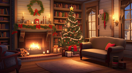 43. Cozy holiday evenings with a lit tree and hearth. - obrazy, fototapety, plakaty
