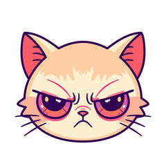 Głowa kota. Zły i niezadowolony kotek w komiksowym stylu. Kolorowa ilustracja wektorowa.