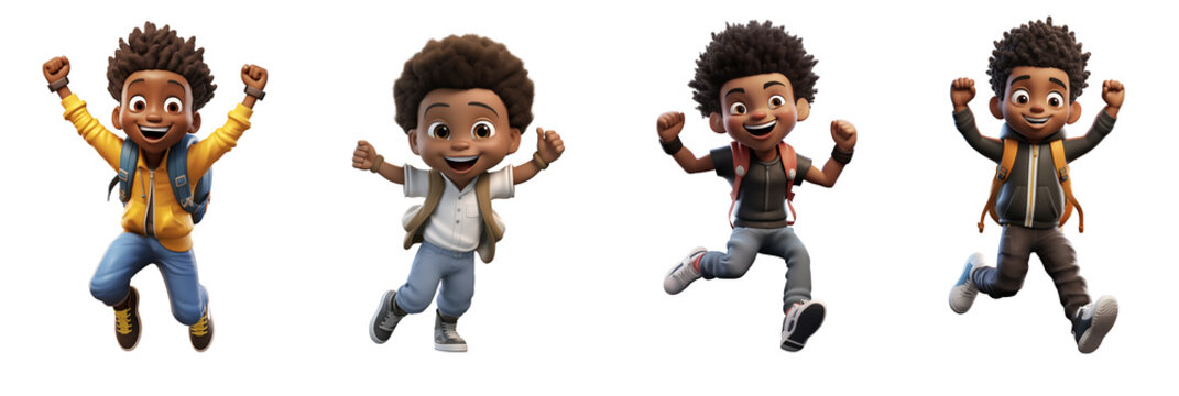 Group of 3D cartoon character African American students boys overjoyed excited happy cool fun celebrating, Full body isolated on white and transparent background