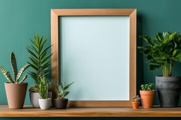 Interior design of living room with brown mock up photo frame on the green shelf with beautiful plants in different hipster and design pots. Elegant personal accessories. Home gardening. generative ai