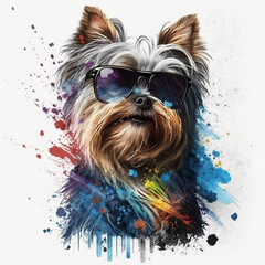 Very cool Yorkshire Terrier, Yorkie facing camera with colorful paint splatter
