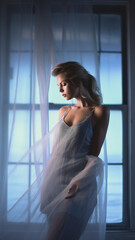 Beautiful sexy blonde girl in a white negligee posing near the window generativa IA