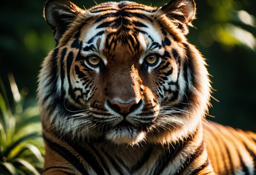 Portrait of a Bengal tiger in a sunny outdoor setting, AI-generated.