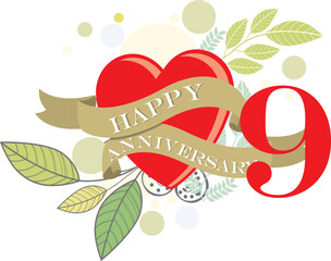 ribbon 9th happy anniversary vector illustration,good for celebration,anniversary party,birthday,ceremony,ground breaking,soft opening,grand opening,office, factory,couple,wedding,valentine,graduation