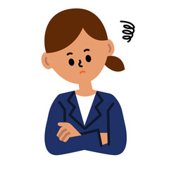 ビジネスパーソン　考える　困る　悩む　腕組み　女性　仕事　スーツ　イラスト	

