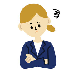 ビジネスパーソン　考える　困る　悩む　腕組み　女性　仕事　スーツ　イラスト	
