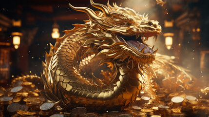 Chinese golden Dragon surrounded with golden coins. Wealth and prosperity.