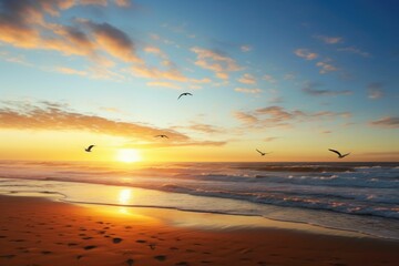 Fototapeta na wymiar AI generated illustration of birds soaring against a golden-orange sunset sky above a sandy beach