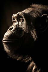 AI generated illustration of a chimpanzee portrait on a dark background
