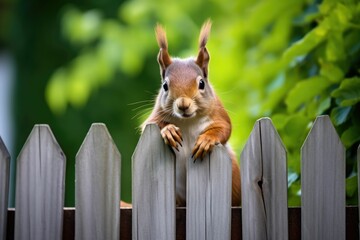 AI generated illustration of a squirrel perched on a wooden fence - obrazy, fototapety, plakaty