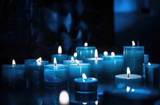 AI generated illustration of blue lit candles in the dark