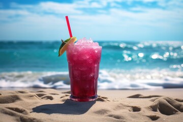 AI generated illustration of A refreshing beverage in a glass jar sits in the sand of a sunny beach