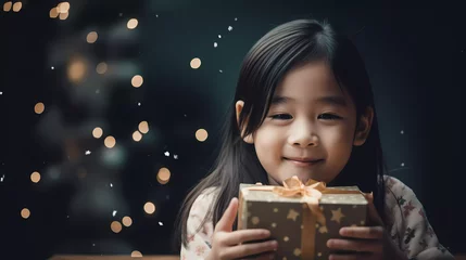 Fotobehang Pretty little Asian children girl smile with Christmas gift box with blurred bokeh background. © Spaces