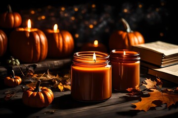 Soy wax candle in a dark amber glass jar with an empty label for a mock-up in a still life for Halloween. Candles in the shape of pumpkins decorated with leaves, a book, and glasses.