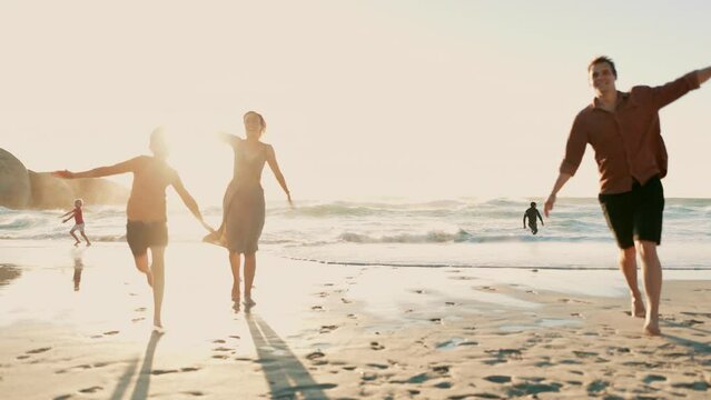 Beach, happy family parents and children running, energy and on outdoor vacation, summer holiday or fun travel games. Sunshine, sea sand and kids play pretend flying, airplane adventure and bonding