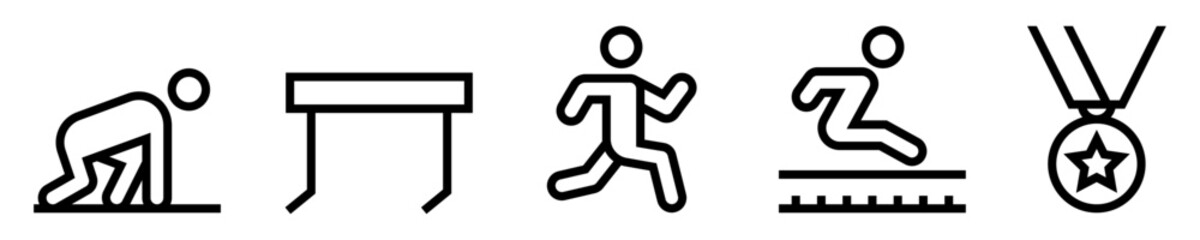 Conjunto de iconos de atletismo. Deporte. Corredor en posición, valla, persona corriendo, salto de longitud, medalla. Ilustración vectorial - obrazy, fototapety, plakaty
