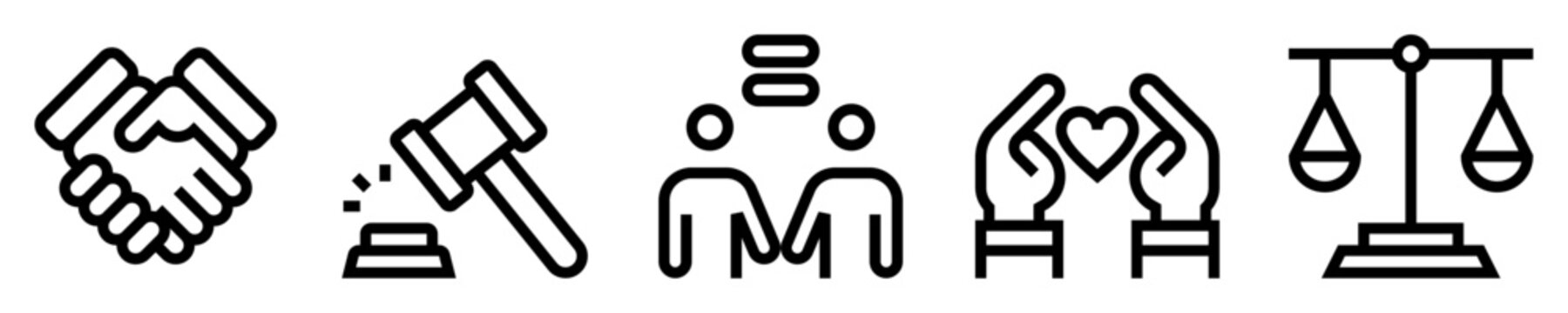 Conjunto de iconos de justicia social. Apret&oacute;n de manos, martillo de justicia, igualdad, mano sosteniendo coraz&oacute;n, balanza de equidad. Ilustraci&oacute;n vectorial